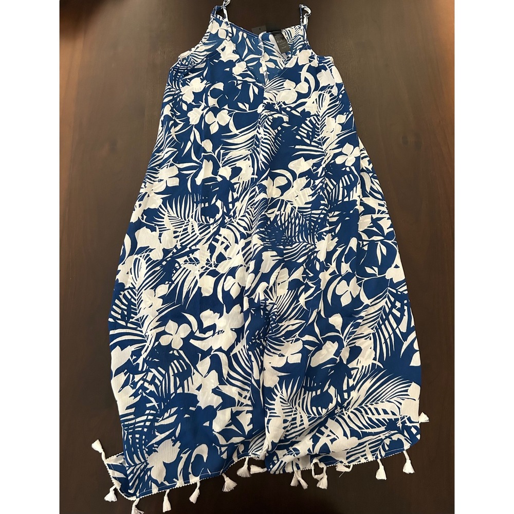 Beach Scene Collection Lagoon Blue White Floral Tassel Hem Maxi Dress M NWT